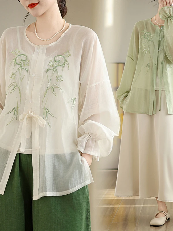 

Spring Summer Large Size Women's round Ne Embroidered Open Cardigan Sun Protection Clothing Chinese Sle New Faion