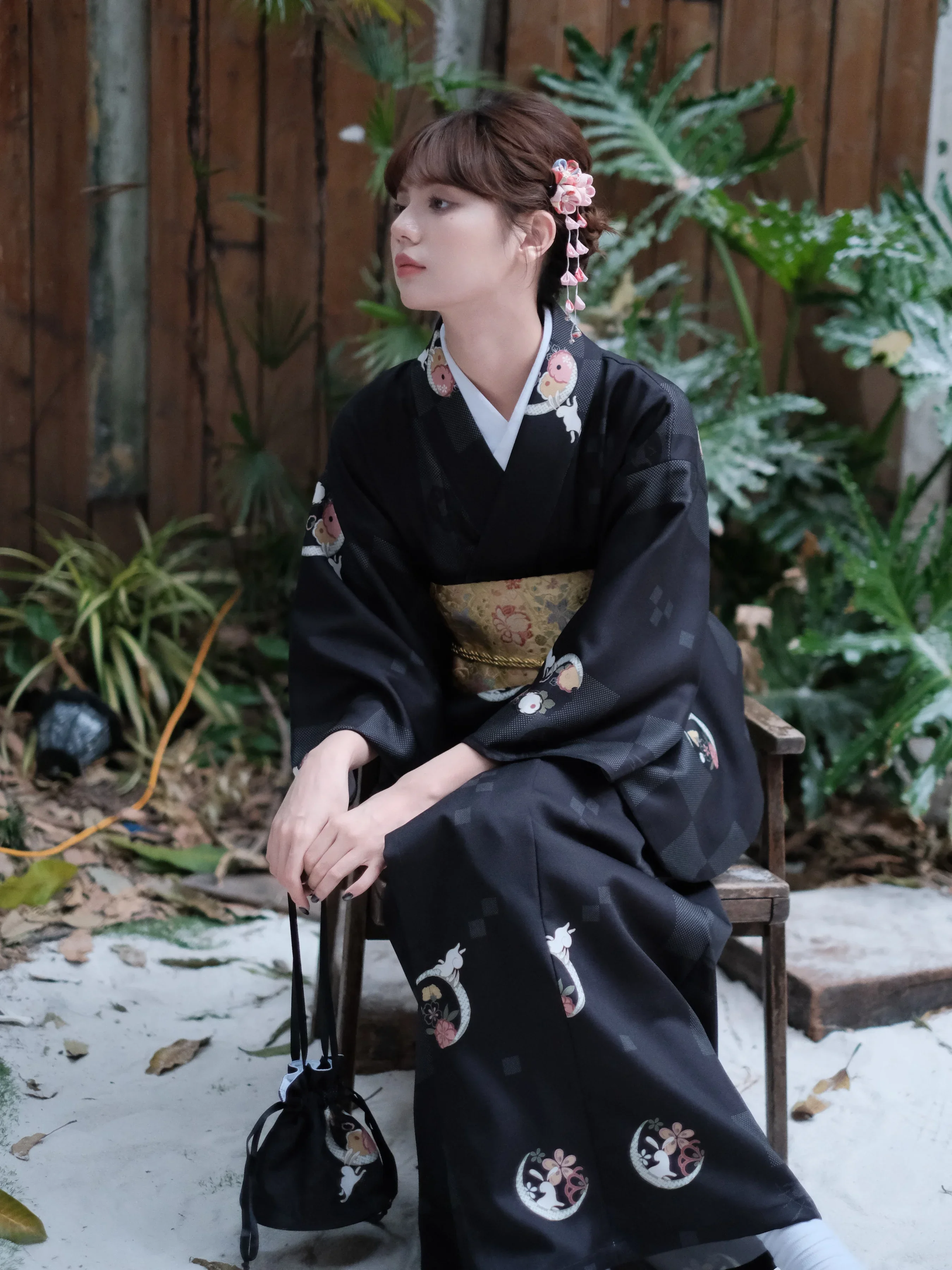 

Japanese Traditional Women Kimono Black Color Cute Bunny Prints Photography Dress Modified Formal Yukata Cosplay Costume