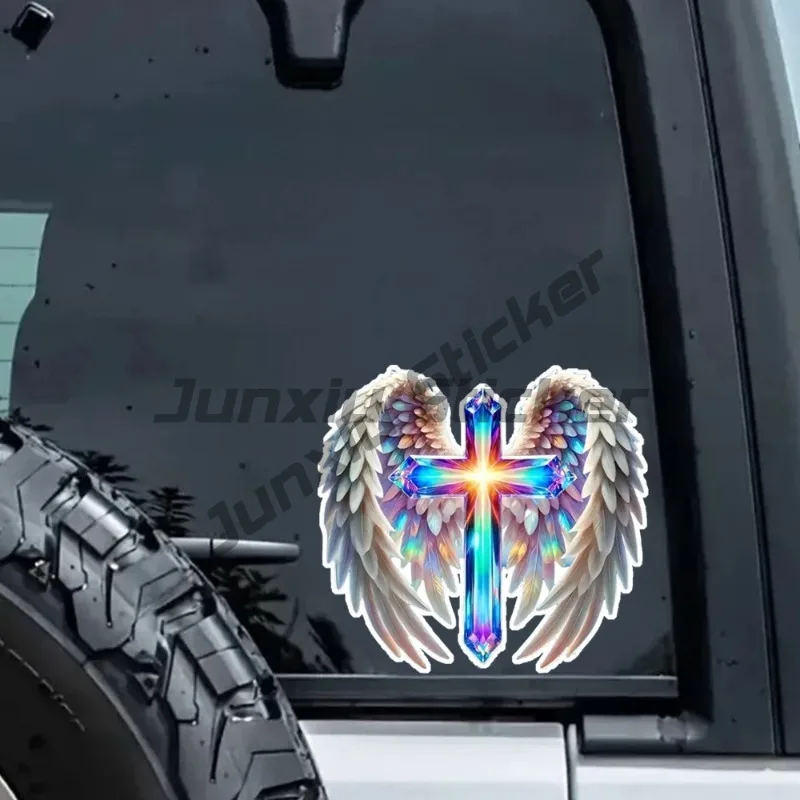 Iridescent Angel Wings Cross Vinyl Decal Sticker for Car Window Bumper Laptop, Durable Automotive Exterior Accessories