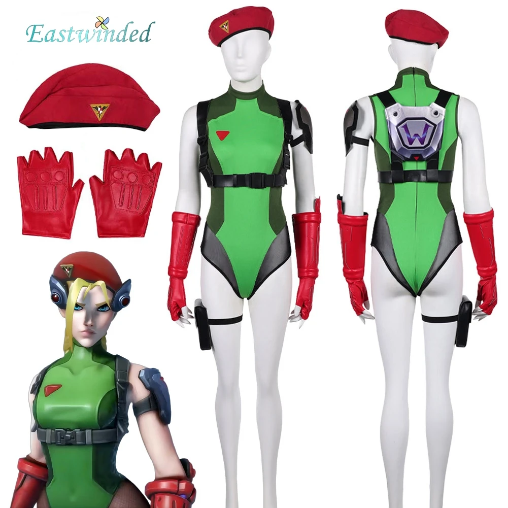 

Game OW Cammy White Cosplay Green Jumpsuit Red Hat Gloves Outfits Women Disguise Costume Halloween Carnival Party Roleplay Suit