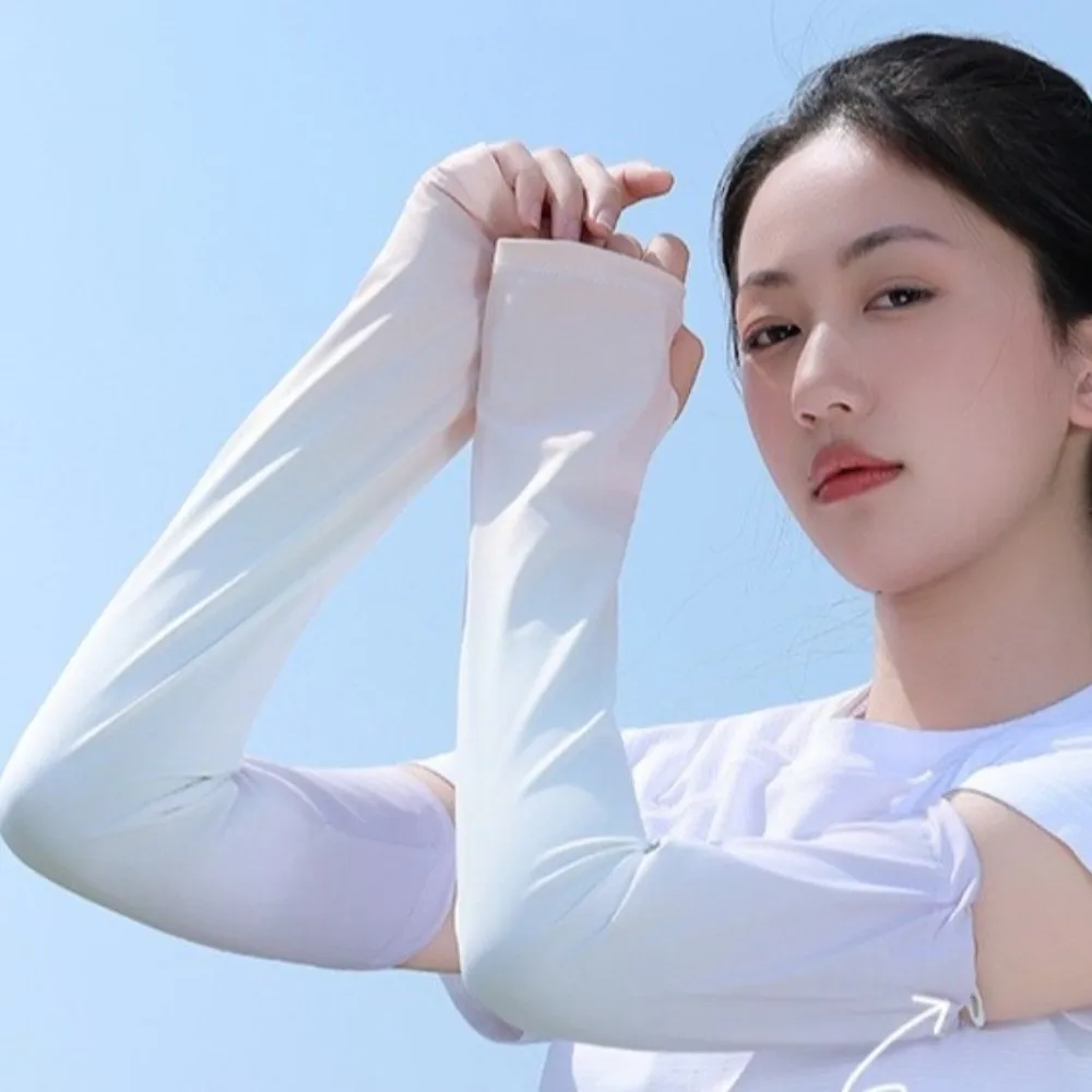 Cute Pulling Rope Ice Silk Arm Sleeves Gradient Color UV Protection Sunscreen Arm Sleeves Large Flared Cycling Arm Cover Girl