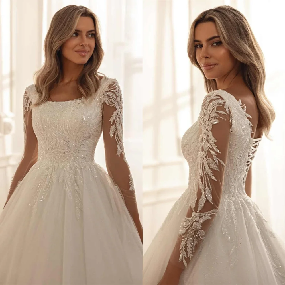 Abiti lunghi a trapezio con paillettes applicati in tulle bianco personalizzato elegante lusso squisito temperamento moda festa nuziale