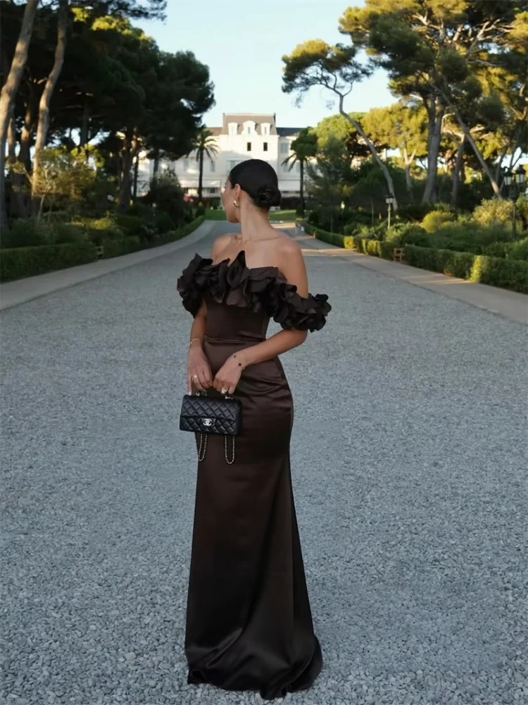 Ladies Off Shoulder Satin Dresses Ruffle Neck Chocolate Mermaid Long Dress Elegant Evening Prom Party Dresses For Women