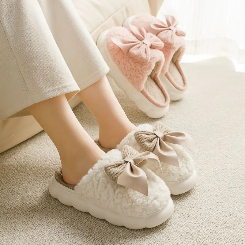 Winter Warm Fur Slippers for Women Cute bow House Non Slip Soft Shoes Comfort Flat Heel Home Indoor Bedroom Plush Slippers