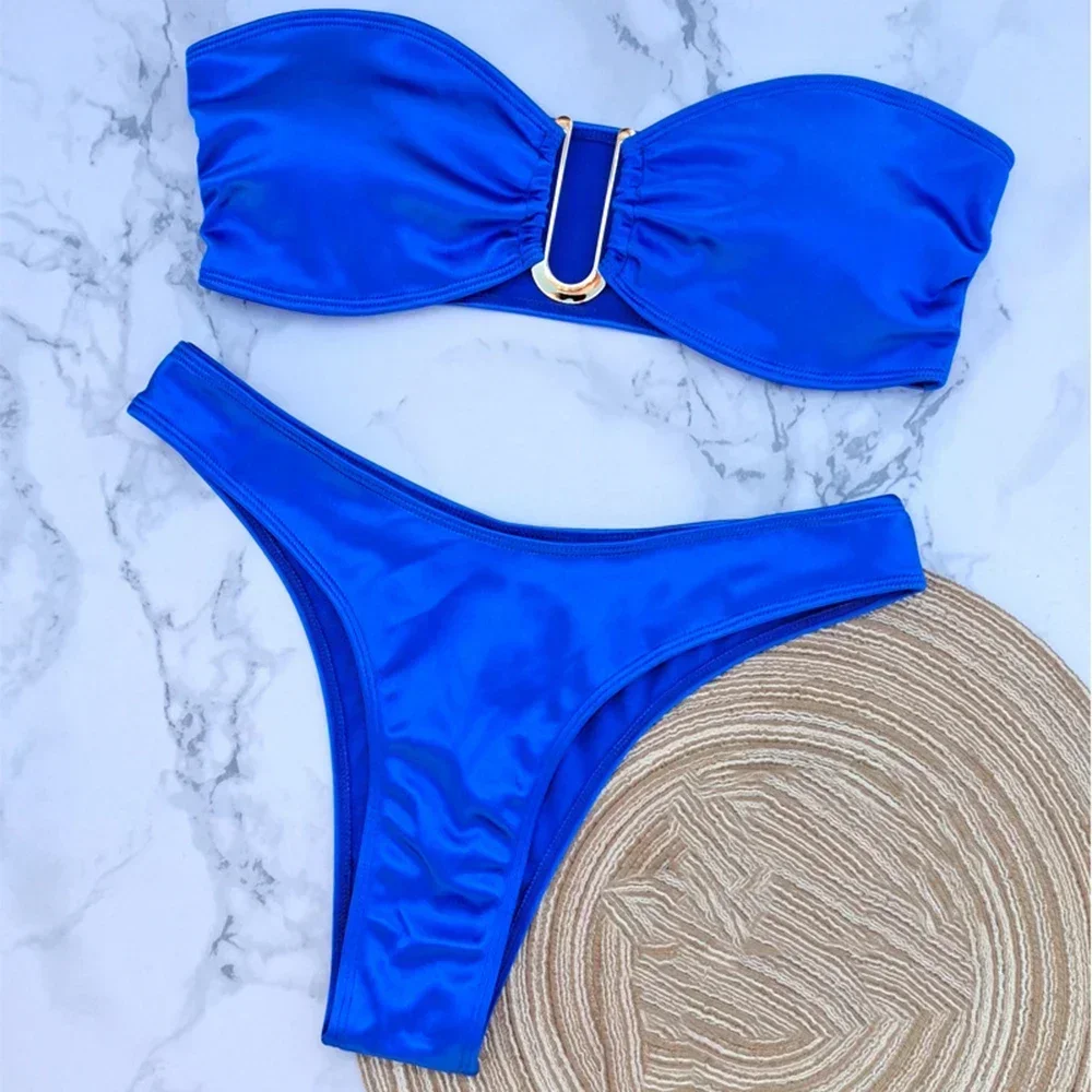 

Sexy U Shaped Stapless Swimsuit for Women Bandeau Bikini Mujer 2024 High Cut Bathing Suit Two Piece Bikinis Set Bathers Swim