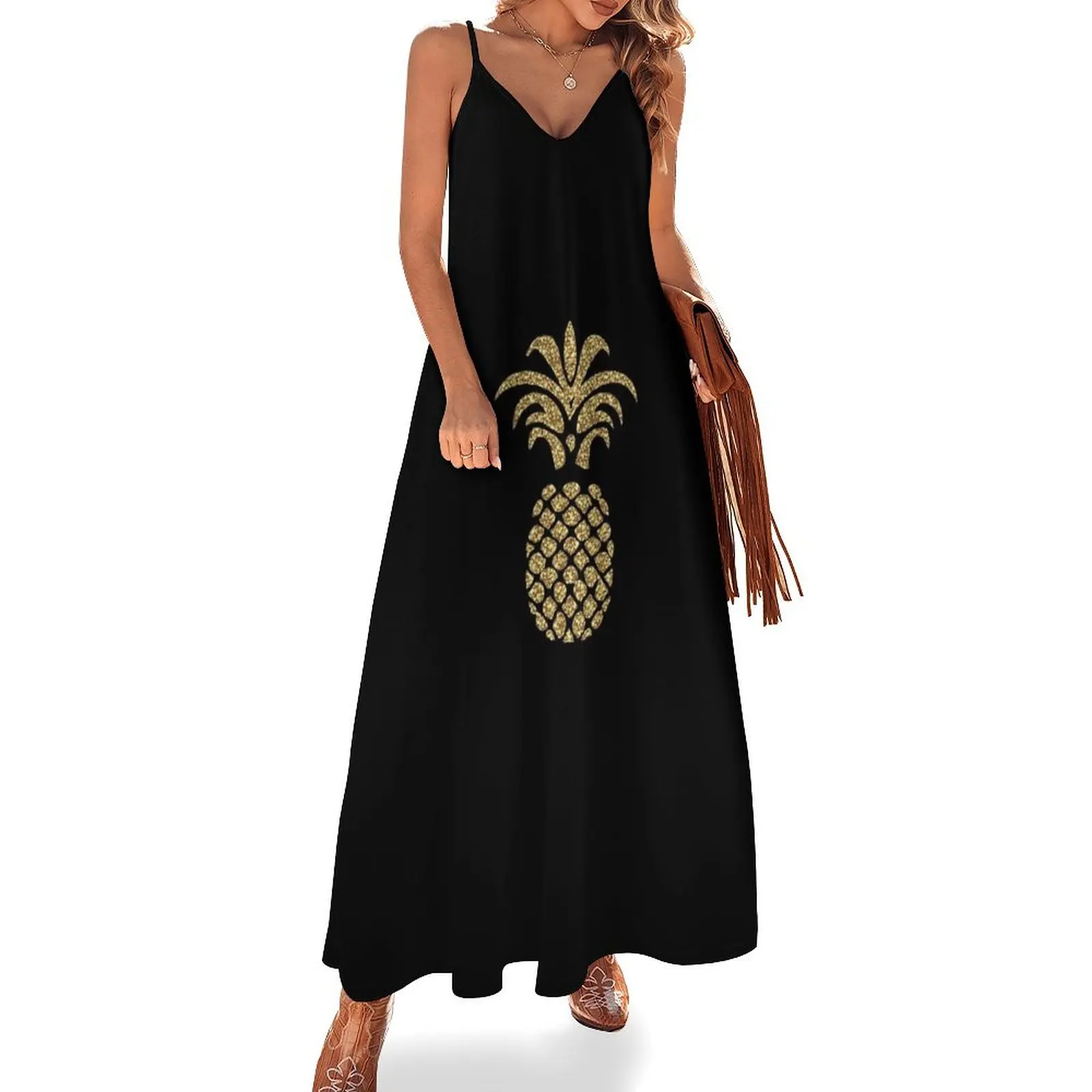 

Sparkly Gold Pineapple Sleeveless Dress long sleeve dress summer women's dress 2025