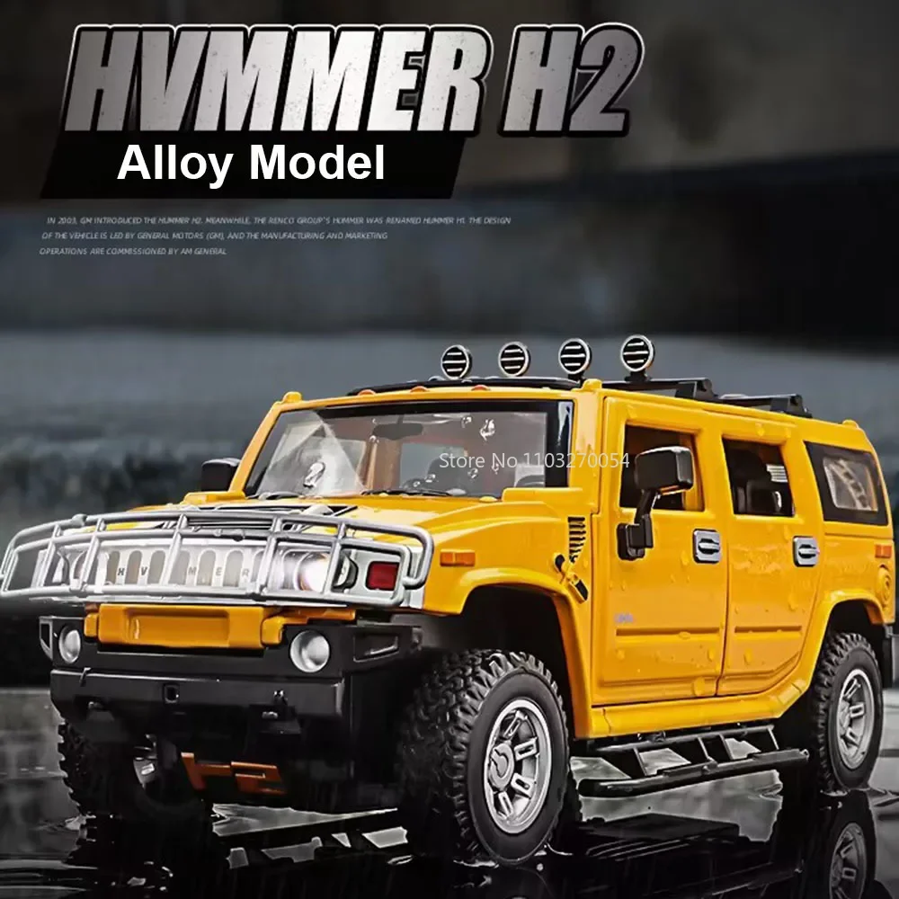 1/24 Hummer H2 Off-Road Alloy Model Car Toy Diecast With Pull Back Sound Light Rear Wheel Suspension Function Vehicle Kids Gifts