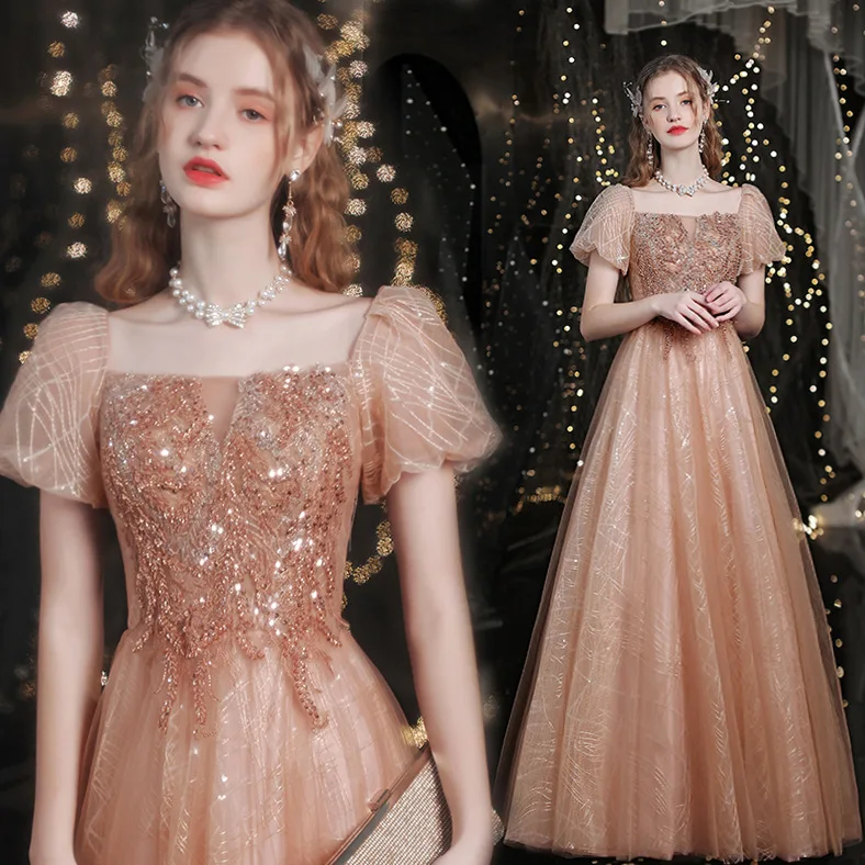 NBFENFA Golden Evening Dresses Puff Sleeve Square Collar Princess Dress 2024 Banquet Formal Dress for Wedding Vestidos De Noche