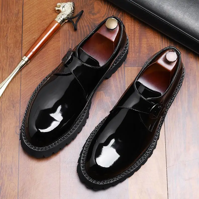 

Men Glossy Patent Leather Monk Strap Thick Sole Height Increasing Suit Wedding Groom Business Formal British Style Leather Shoes