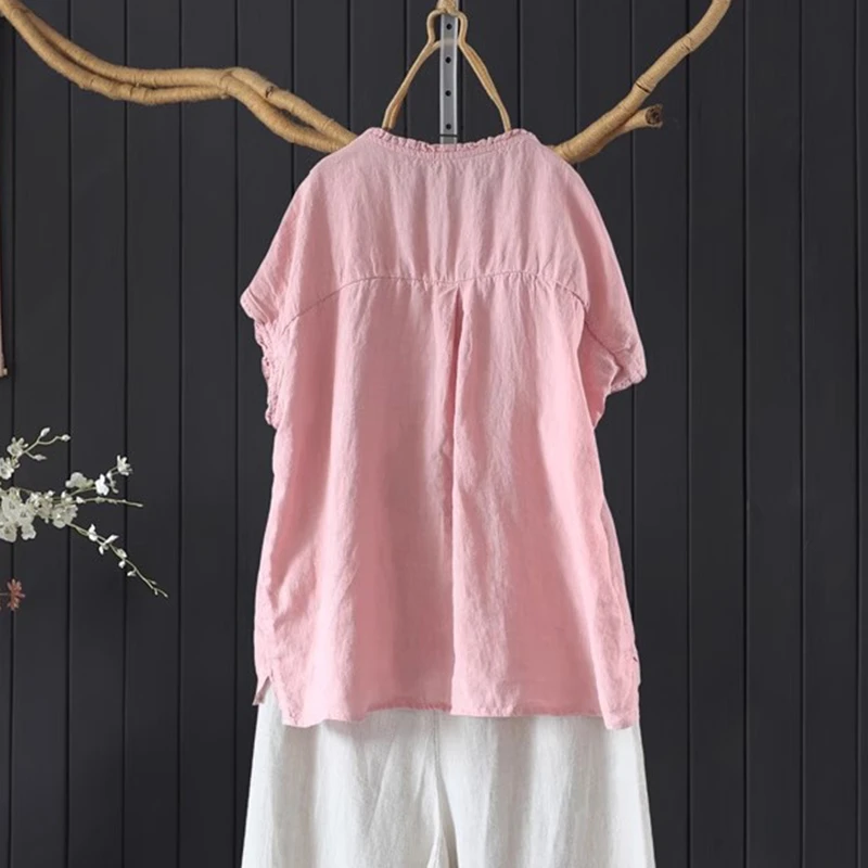 100% leinen Frauen Casual Shirts Neue Ankunft 2025 Sommer Vintage Stil Einfarbig Lose Weibliche Kurzarm Tops Shirts M1776