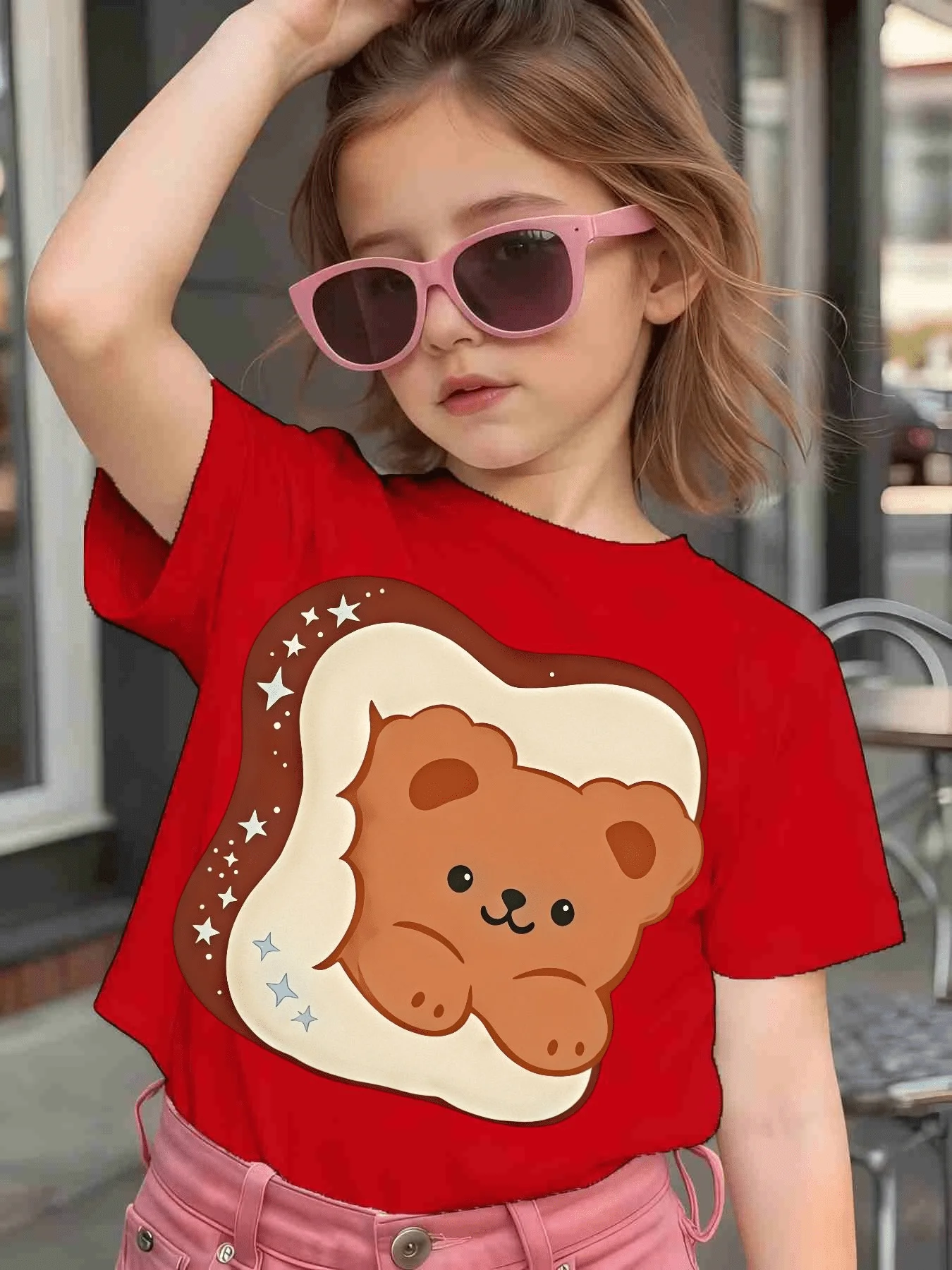 Cute Toast Bread Bear Star Cartoon Graphic Kids Tee Boys Girls Family Matching Cotton Crew Neck Short Sleeve Soft Summer Tee