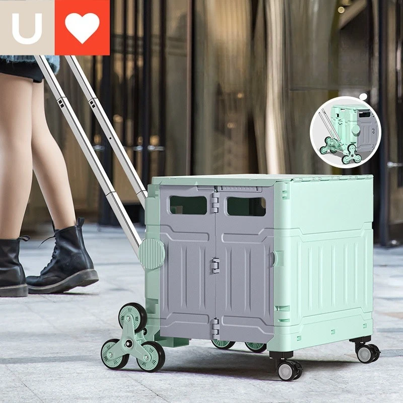 

Plastic Foldable Grocery Shopping Cart Stair Climbing Portable Basket Trolley Pull Hand Truck for Vendor & Household Use