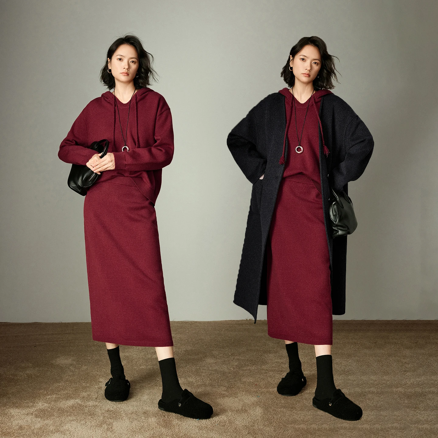 TOYOUTH المرأة النبيذ الأحمر معطف بقلنسوة وتنورة Bodycon 2025 شتاء جديد قطعتين مجموعة الحفلة السنوية السنة الجديدة الزي #5