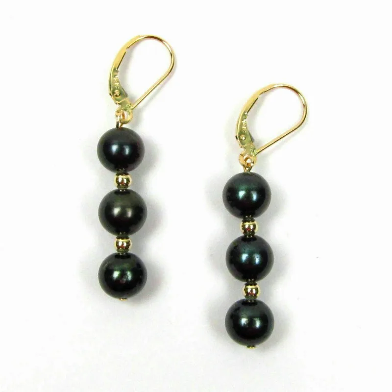 AAA+ 9-8 Mm Natural Tahitian Black Pearl Women's Earrings 14K