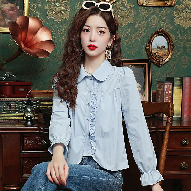 Femme 봄 여름 한국식 심플 버튼 프릴 솔리드 컬러 여성 셔츠 올 매치 패셔너블한 얇은 긴팔 탑