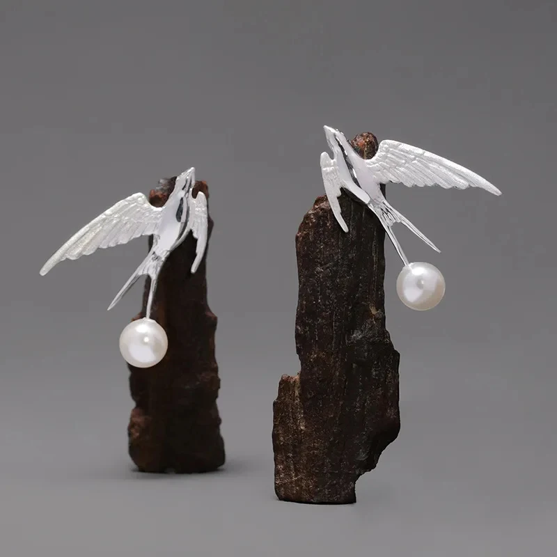 YISON Flying Swallow Women's Earrings With Shell Pearl High-end Elegant Artistic Style Bird 925 Silver Posts Ear Stud Jewelry