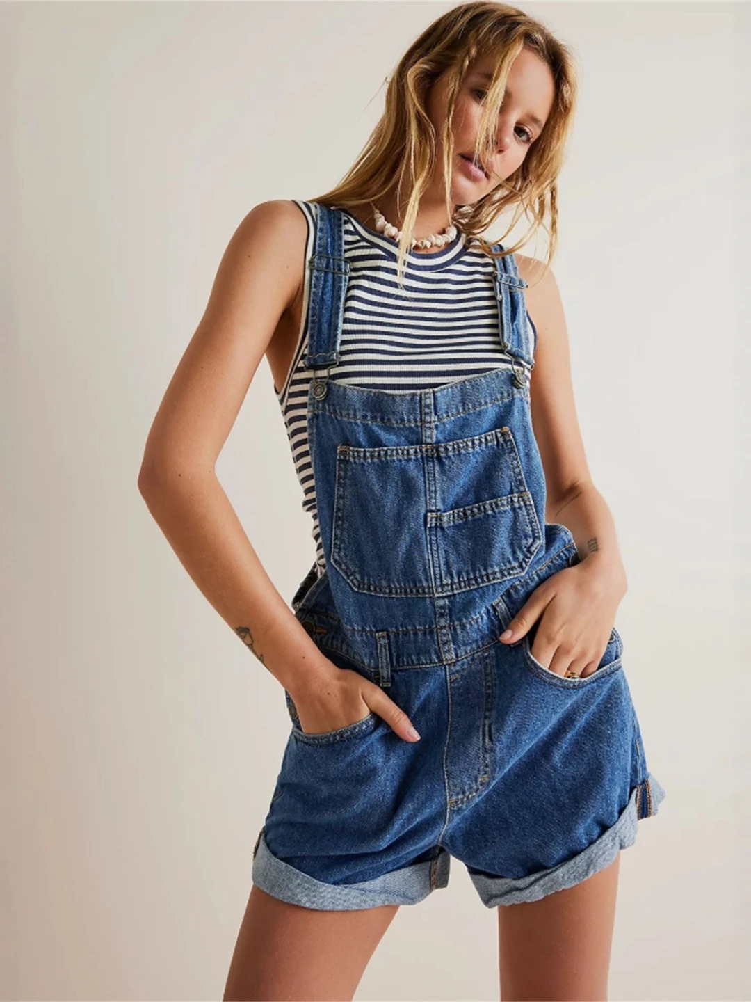 

Faionable Loose Workwear Denim Overalls orts for Women l Waist Button Closure Jeans ort Pants Casual Spring Summe...