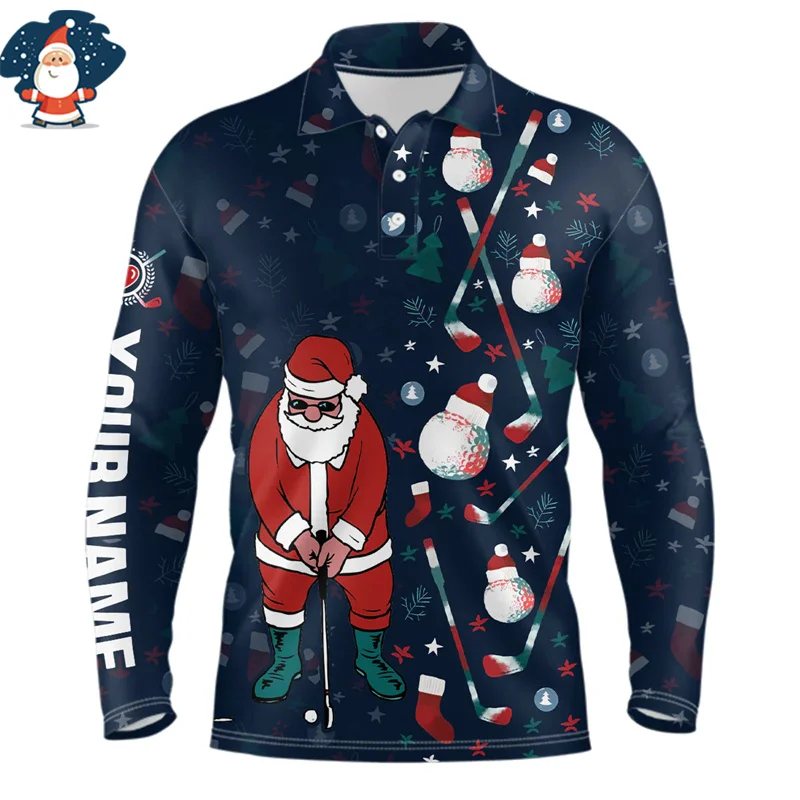 3D Print Merry Christmas Long Sleeve Polo Shirt Xmas Golf-lover Snowflakes Graphic Long Sleeve Turndown Polo Shirts Men Clothing