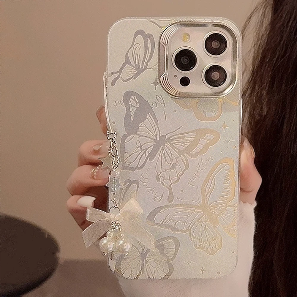 Ins Hollow Out Butterfly Star Bow Ribbon Beads Bracelet Case for iPhone 15 14 13 Pro Max 12 Pro Plus Back Cover