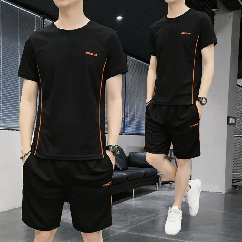 Summer Korean Loose Sports Set Men Solid Embroidery Round Neck Short Sleeve T-shirt Running Casual Elastic Waist Pocket Shorts