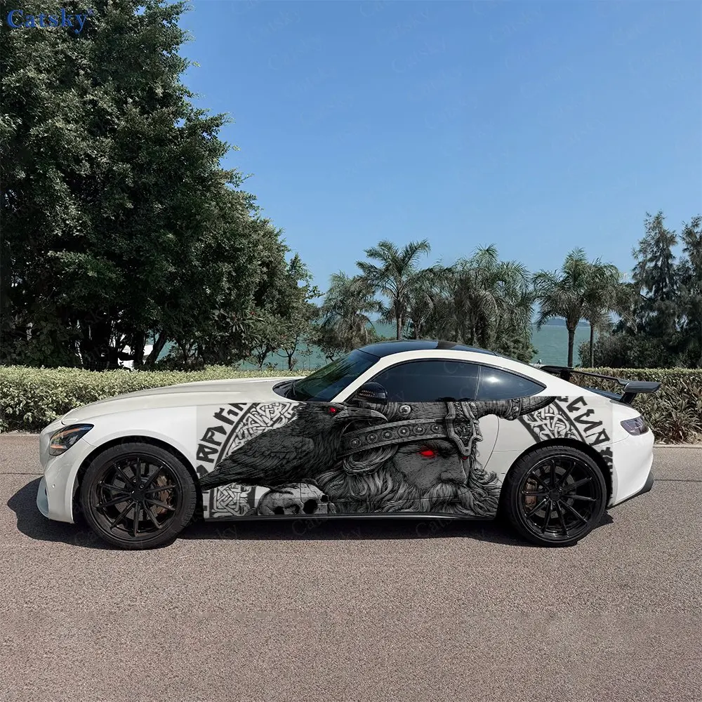 2pcs Viking warriors and ravens Car Side Wraps, Self-Adhesive PVC Waterproof & Scratch-Resistant Stickers, Car Accessory Gift