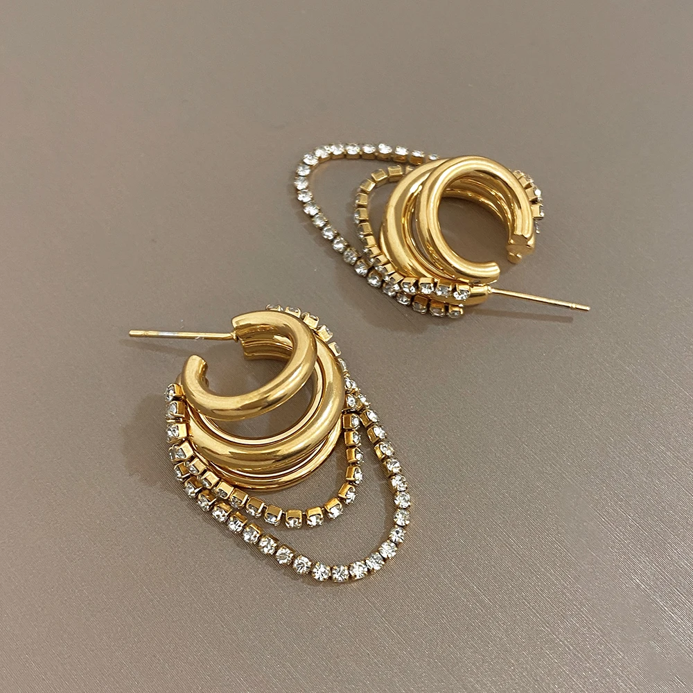 

DODOHAO Luxury Multi-layer Zircon Chain Stainless Steel Earrings for Women Shiny Golden Waterproof Earrings Jewelry Accessories