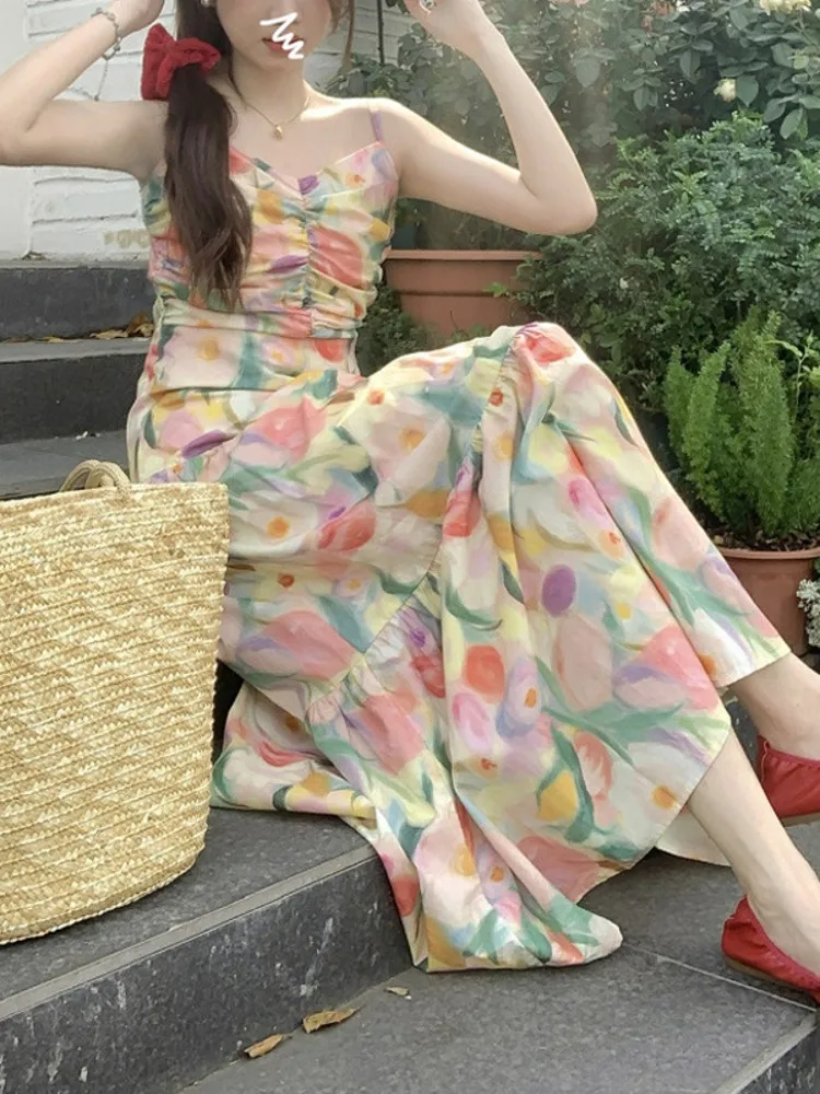 Vestido de gasa con estampado floral de verano ter Ne Long Dr Vaion Sle para mujer, cintura alta, corte en A, silueta Svel