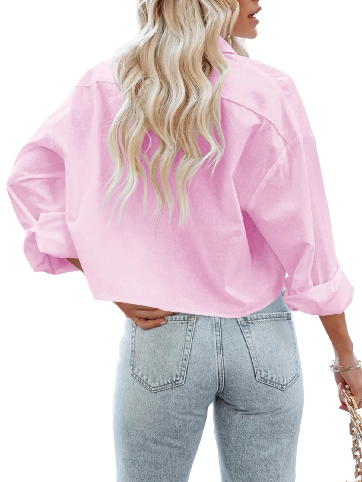 Button Down Office Lady Cropped Shirts Women Long Sleeve Casual Short Crop Tops Solid Color Lapel Blouse Shirt with Chest Pocket