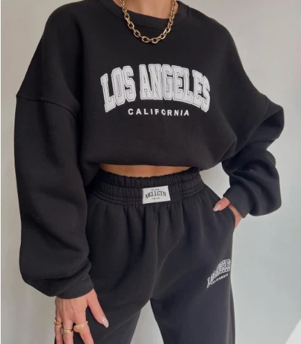 Women's Tracksuit Autumn Printed Thickened Suit with O-Neck Long Sleeve Fleece Hoodie Pullover and Loose Pocket Pants Set image 2