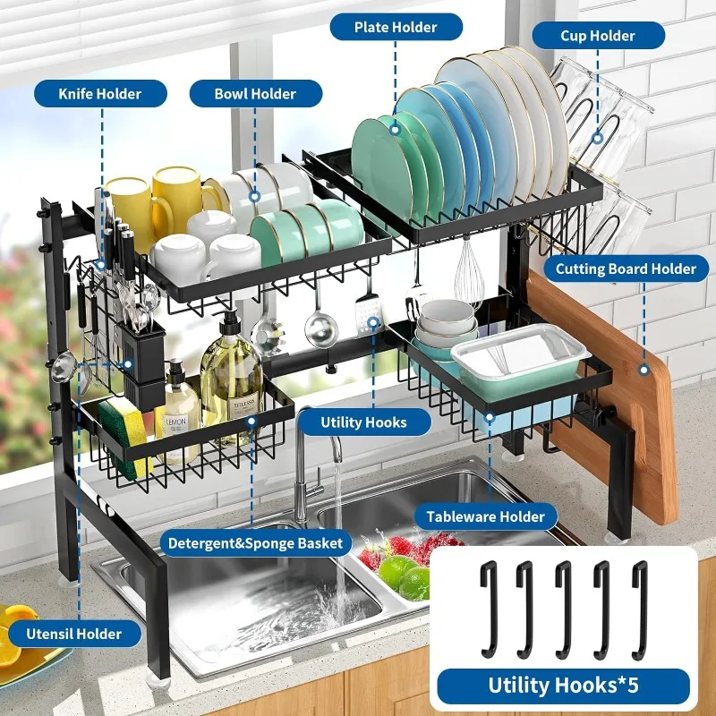 Imagem -02 - sobre a Pia Prato Secagem Rack Suporte Extensível Utensílio 2-tier Drenadores Aço Inoxidável