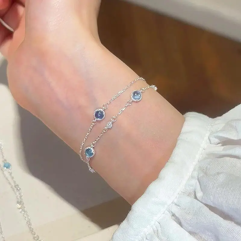 natural aquamarine gemstone bracelet for women crystal silver 925 circular bangles chain fashion diamond jewelry gift