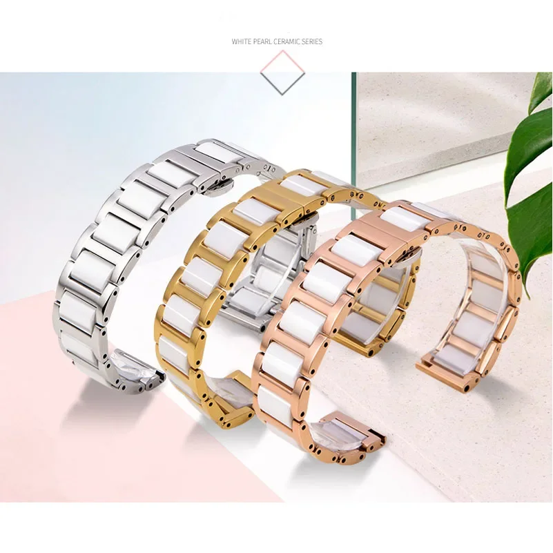 Dual Color Ceramic Watch Band Stainless Steel Replacement Wrist Watch Strap Glossy Butterfly Buckle Bracelet 14 16 18 20mm 22mm