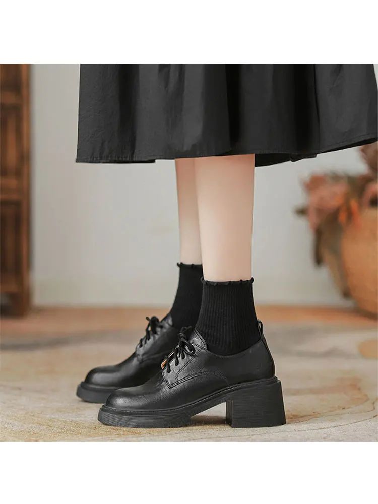 new-version-women's-leather-high-heel-jk-single-shoes-lightweight-thick-bottom-black-lace-up-versatile-flats-fashionable-roun