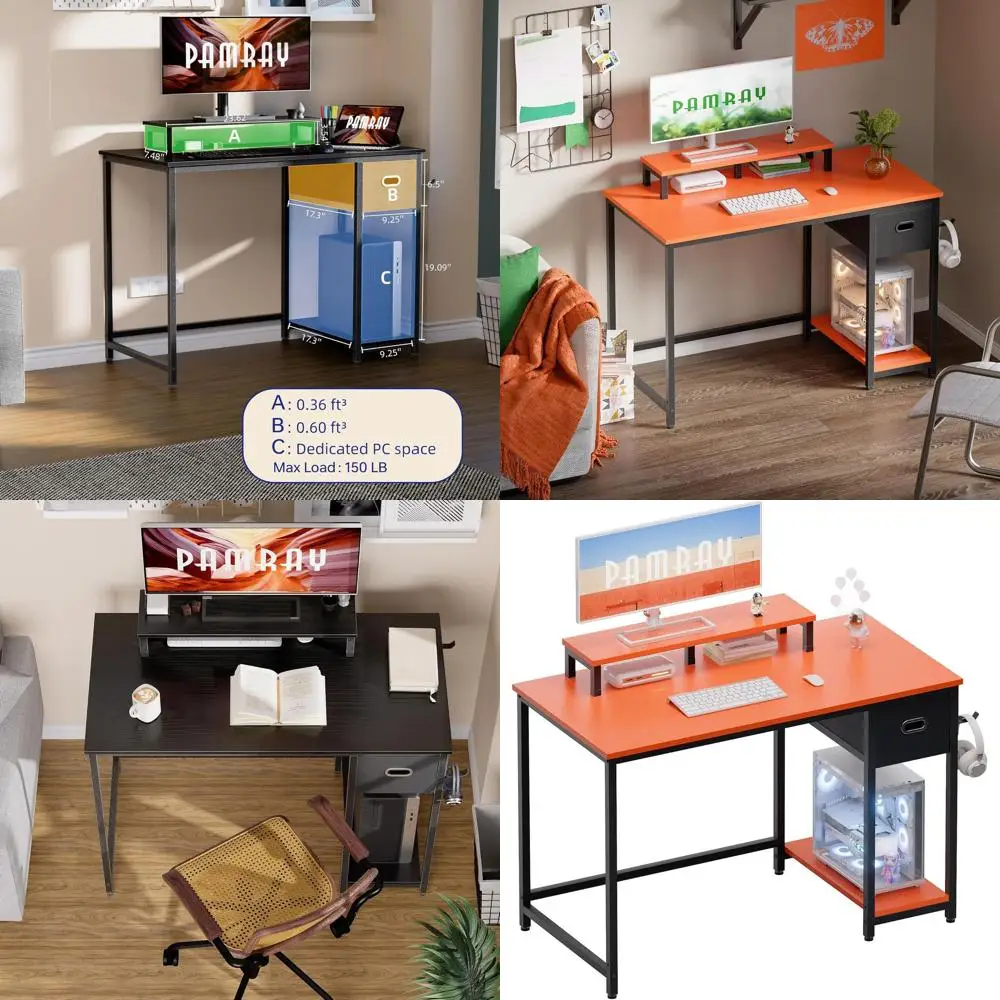 

39 Inch Computer Desk with Monitor Stand Small Home Oice Desks with Non-Woven Storage Der or Bedroom Study Table Writing and Wor