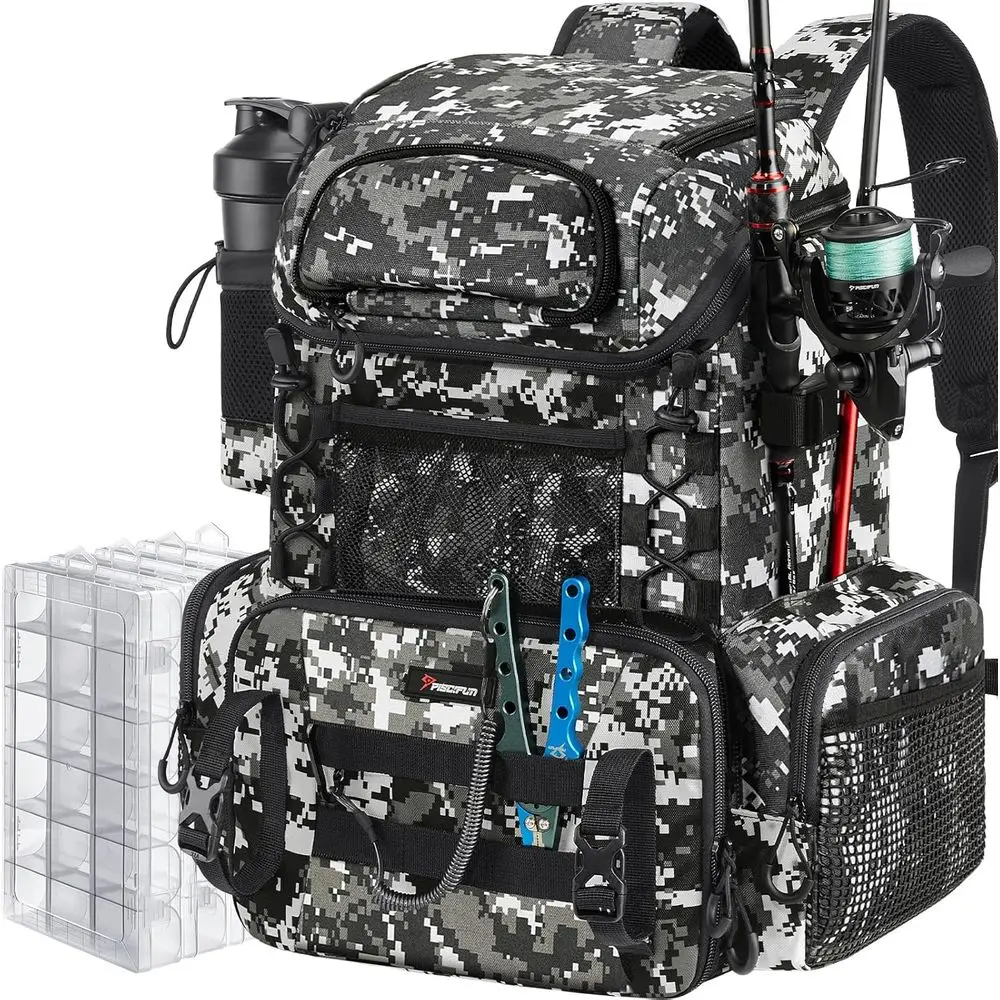 

Fishing Tackle Backpack with Rod Holders, 42L Waterproof Outdoor Bag with 4 Tackle Boxes