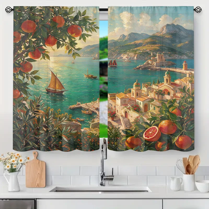 Vibrant Decorative Mediterranean Coastal Curtains Panel Italian Seaside View Orange Citrus Fruit Pattern Drapes for Living Room