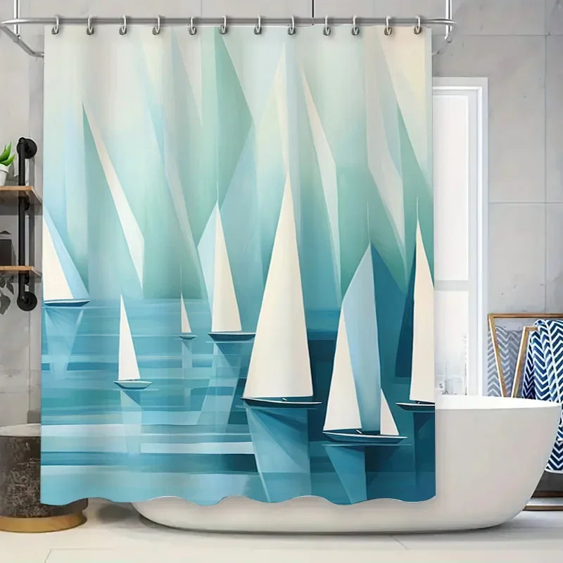 

Синяя занавеска для душа в виде парусника, современный геометрический дизайн для декора ванной комнаты, водонепроницаемая ткань, украшение для дома со стержнем
