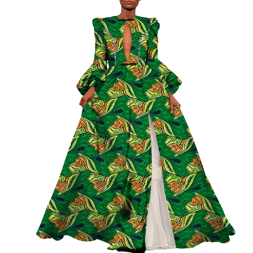 

Autumn Traditional African Women Dresses Ankara Print Long Sleeve Floor Length Sexy Yarn Lady Party Wedding Clothing Wy8853