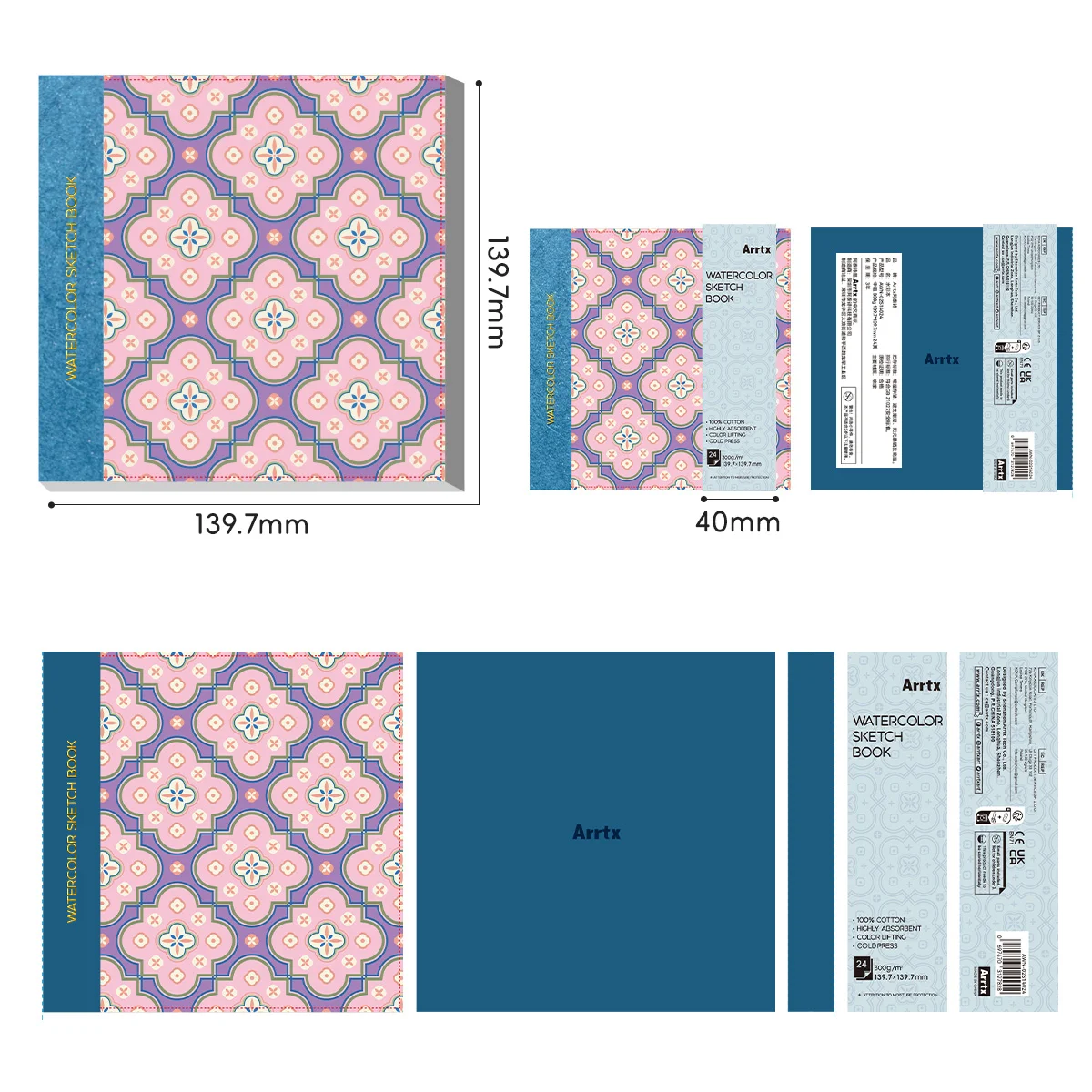 Arrtx aquarelschetsboek 100% katoen zuurvrij aquarelboekje 300 g 24 vellen