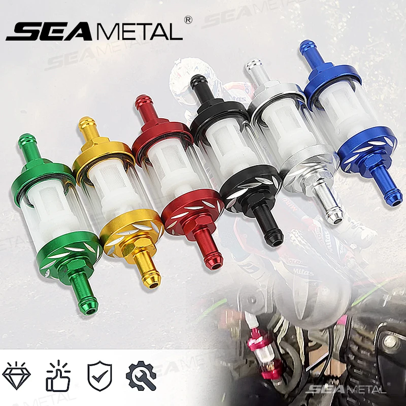 SEAMETAL 8mm CNC Liga de Alumínio Vidro Filtro de Combustível de Gás Universal Motocicleta Filtros de Óleo para Scooter Motocicleta Dirt Pit Bike