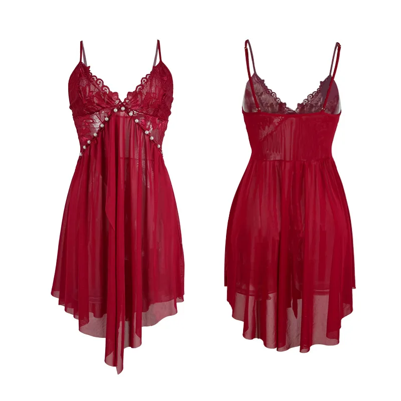 2025 Summer Lace Trim Sheer Mesh Slip Dress Women's Sexy Pearl Embellished Nightgown Spaghetti Strap See-Through Lingerie Dress