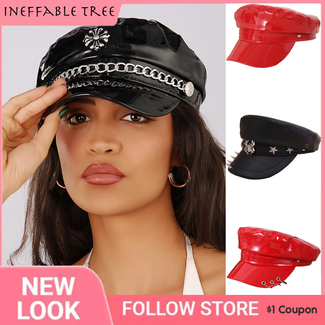 Gothic PU Leather Rivet Punk Cap Dark Retro Beret Hats for Mens Women Spike Cap Lolita Cool Sunscreen Painter Caps Boina Mujer