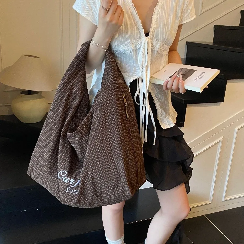 Винтажная японская клетчатая сумка на плечо с буквенным принтом, универсальная большая сумка-тоут, повседневная женская сумка большой вместимости, женская