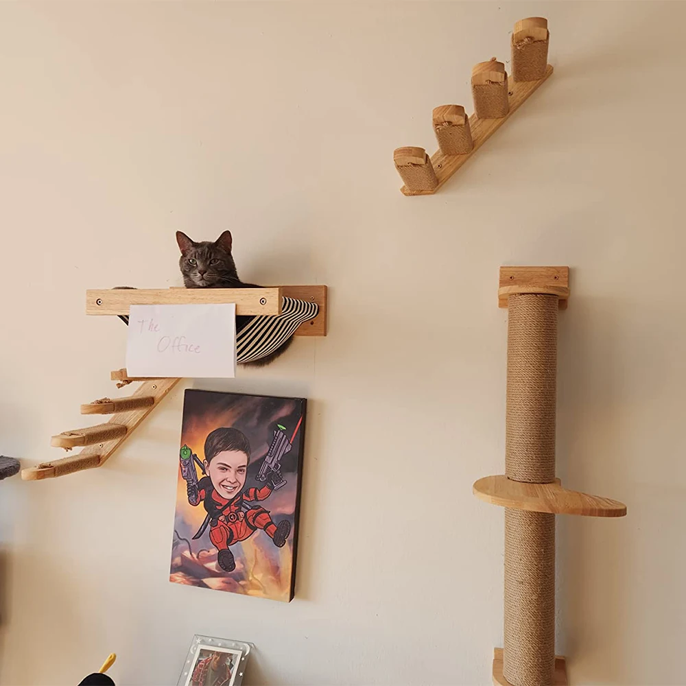 Cat Climbing Shelf Wall Mounted Cat Tree Four Step Stair Indoor Wood Scratching Post for Cat Wall Climbing Furniture Cat Hammock