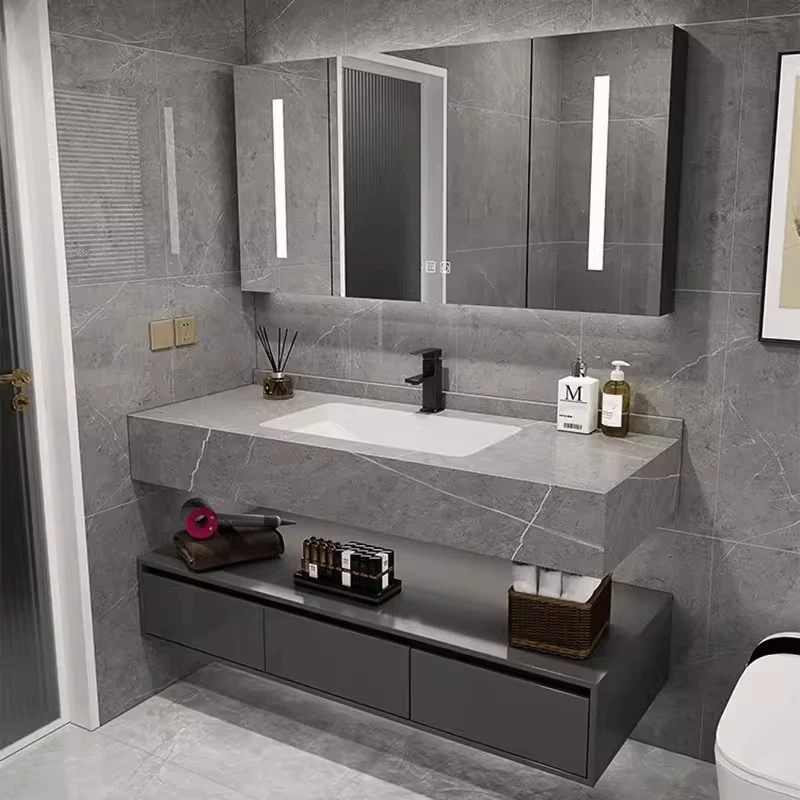 Custom White Ceramic Basin Led Mirror Light Bathroom Sets Cabinets Modern Luxury Bathroom Vanity With Sink
