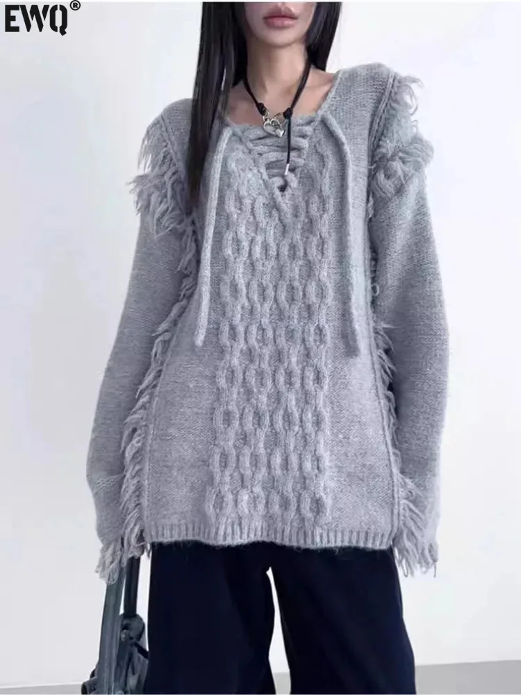 

[EWQ] Korean Fashion Style Lace-up Tassel Design Sweater Long Sleeve V-neck Casual Women Jumper Winter 2024 Autumn New 16O1629