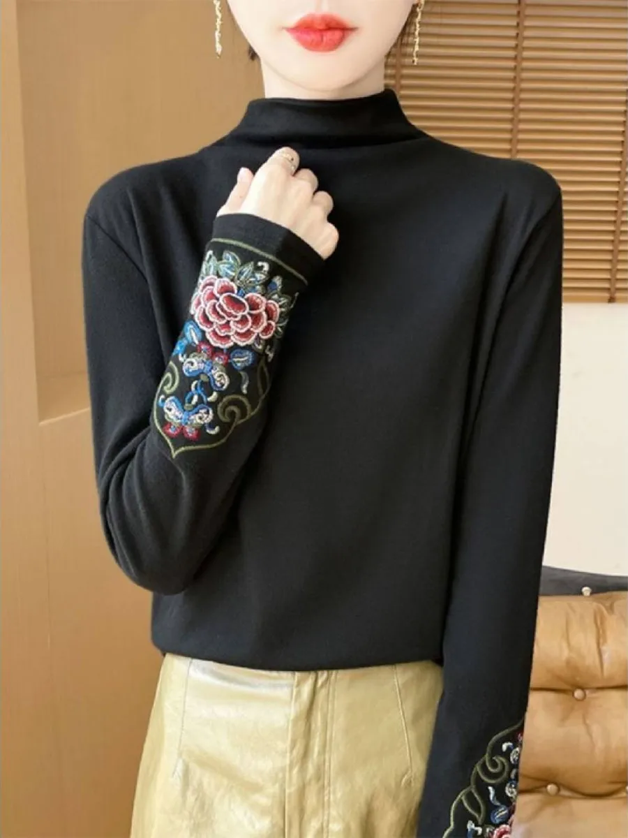 

Double-Sided Brushed Velvet Base Shirt Women's Autumn Winter Retro Ethnic Style Half High Collar New Chinese Embroidery Long ...