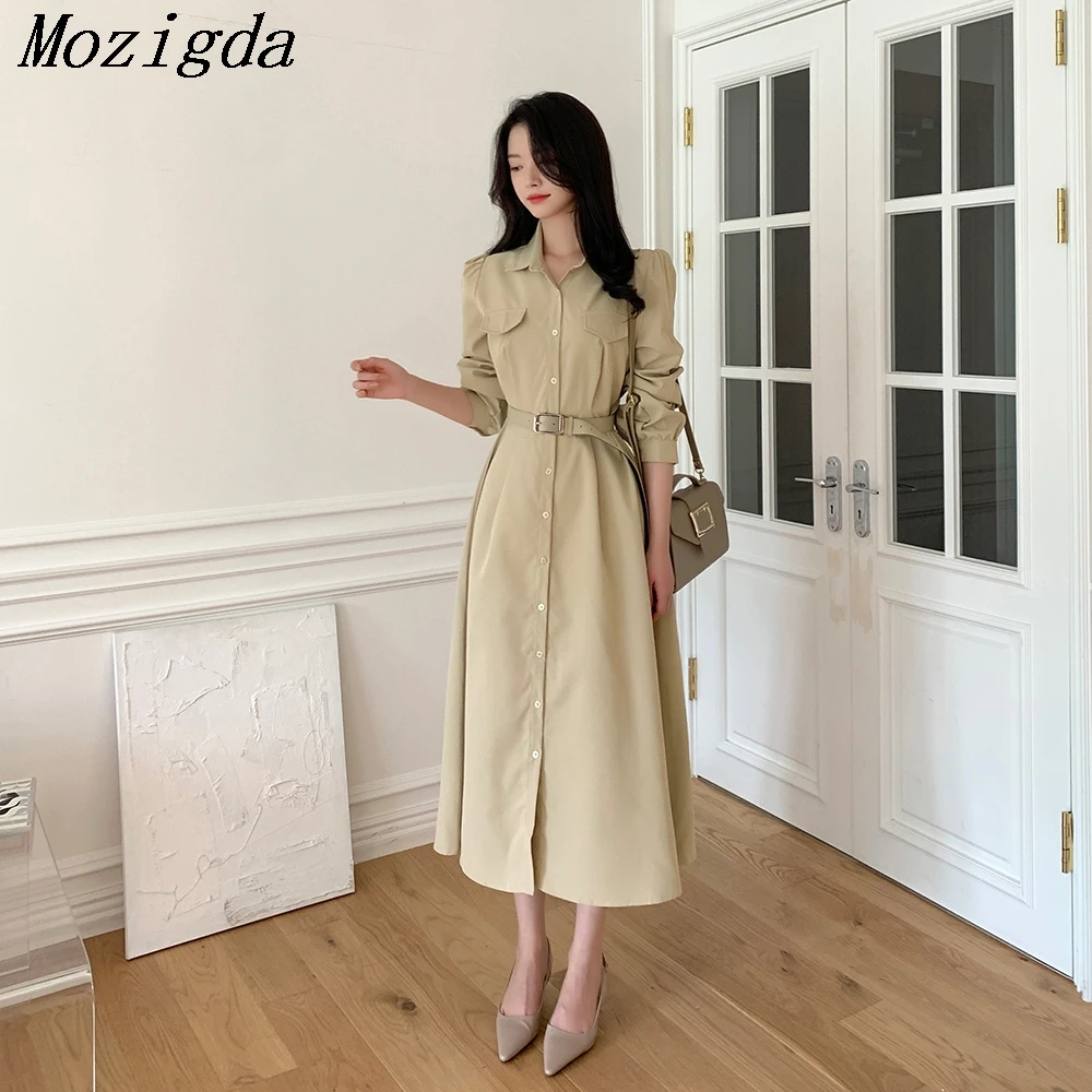 

Spring Autumn Womens Dresses Korean Fashion Belt Long Sleeve Office Lady Party Dresses Chic And Elegant Casual Woman Midi Dress