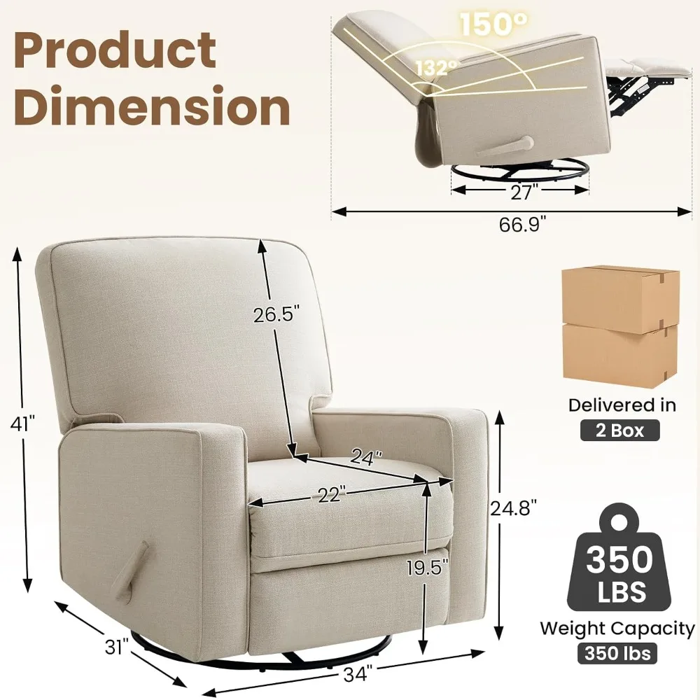 Swivel Rocker Recliner, 360° Swivel & 30° Rocking Glider, Manual Nursery Chair with Linen Fabric, Wood & Metal Frame, Custom