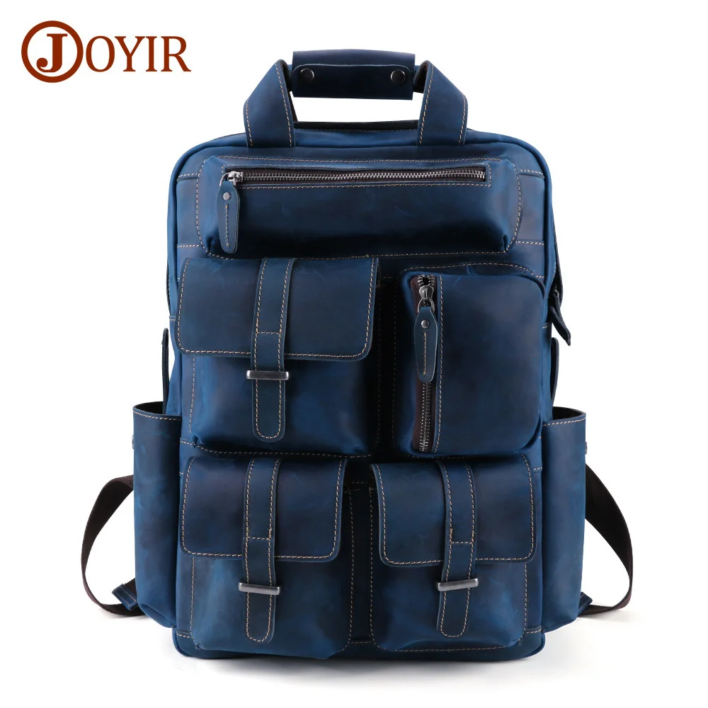 Men Genuine Leather +Canvas Backpack Crazy Horse Vintage Daypack Multi Pocket Casual Rucksack Large Laptop Bag